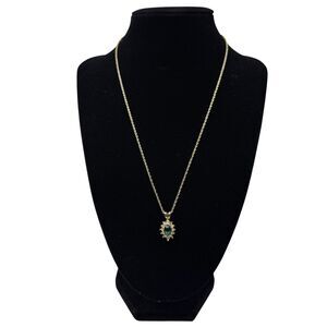 Vintage Style Gold Tone Marquise Green Clear Rhinestone Pendant Necklace 18"